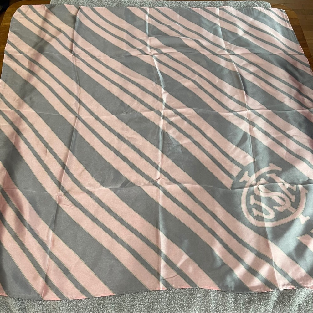Wm Chelsea 100% Silk Handmade USA Crest Striped Square Scarf Pink Grey 34.5"